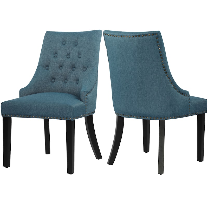 Fabric Upholstered Dining Chairs Button Tufted Nailhead Trim Accent Chairs Set of 2 - Blue-2-Piece