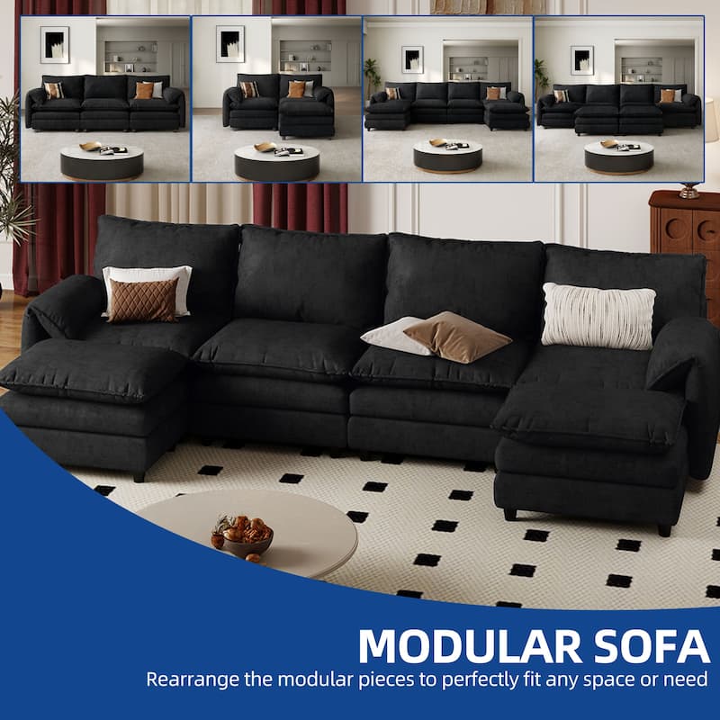 Moasis 142 Inch Modular Velvet Sectional Sofa with Movable Ottoman and Pillow Armrest for Living Room