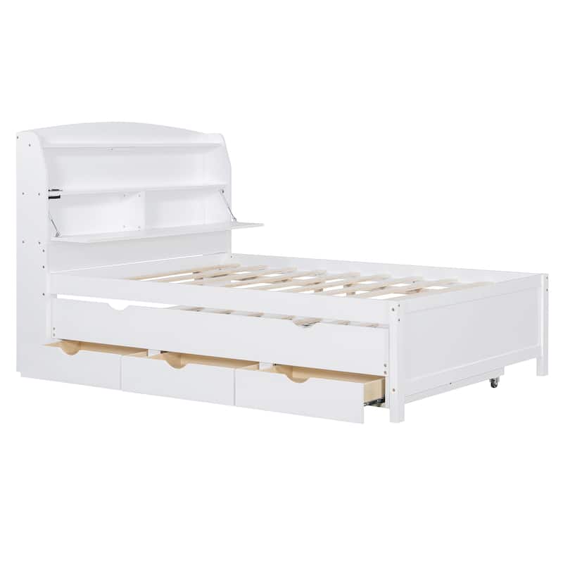 Wooden LED Platform Bed with Trundle and Storage Headboard,USB Outlets