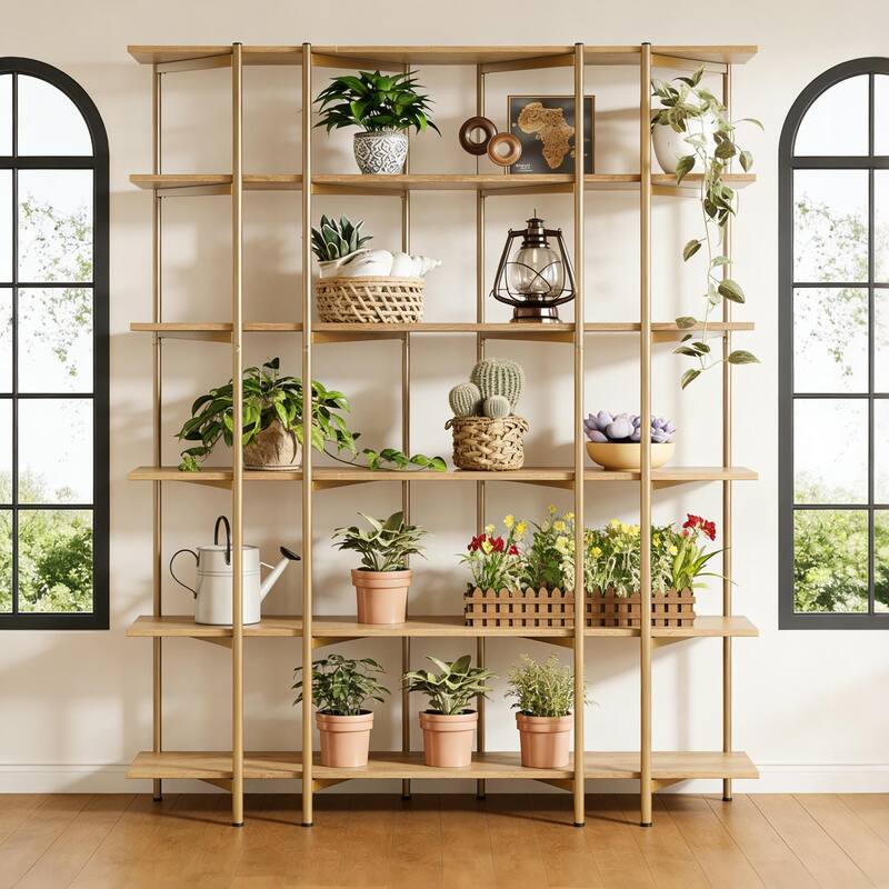 71-Inch Tall Bookshelf, 55'' Wide 6-Tier Bookcase with Metal Frame - Brown