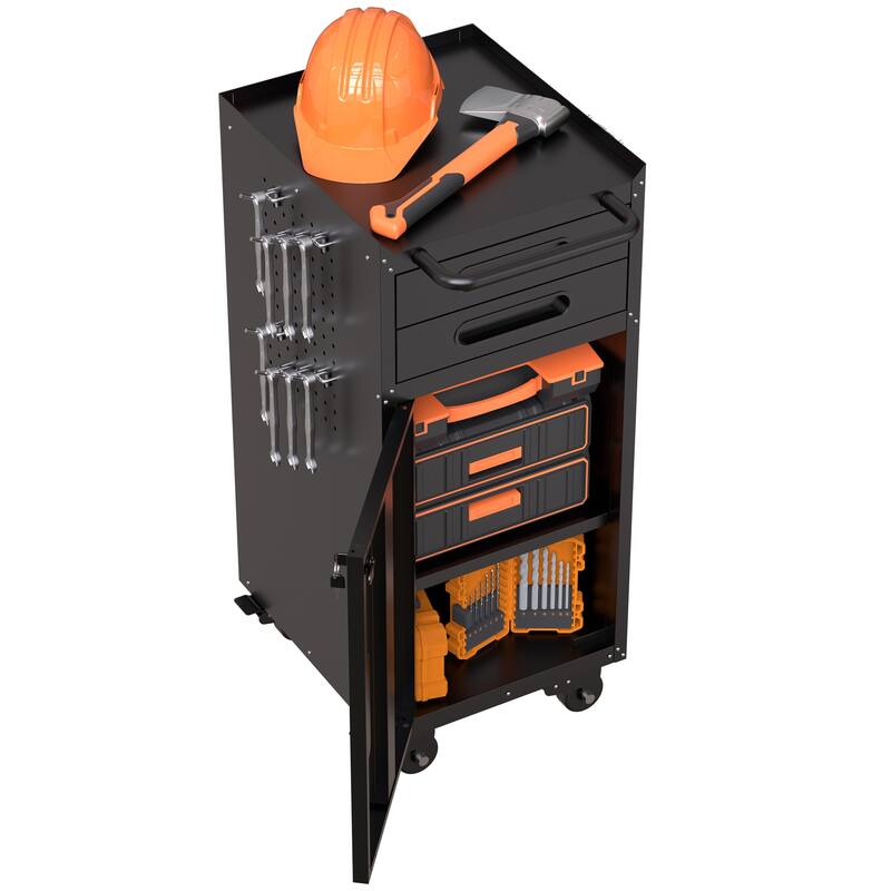 34.3" Narrow Rolling Tool Cabinet - Space-Saving Garage Storage with Lockable Door, 2 Drawers and Large Handle
