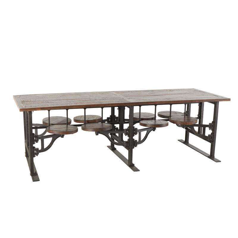 Brown Teak Wood Dining Table with Two, Four or Eight Attached Seats