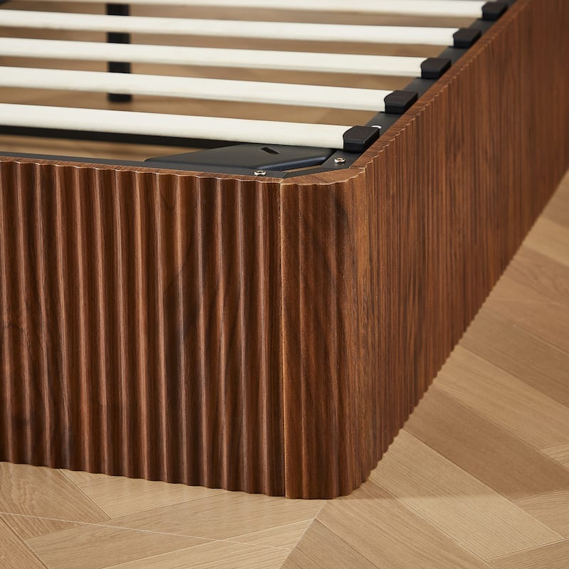 Platform Bed Lift Up Hydraulic Storage Bed Frame Wooden Corrugated Curved Lines Design Frame Wood Slat Metal Support Bed Frame