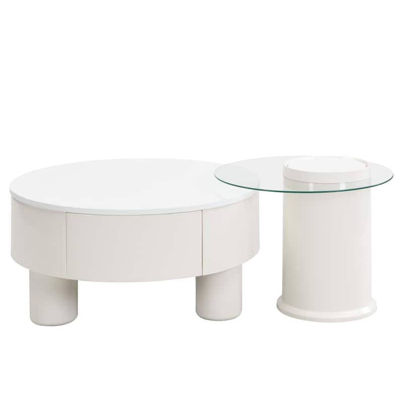 Nested Coffee Table Set with Storage Drawer and Round Tops, Accent Tables End Table with Tempered Glass