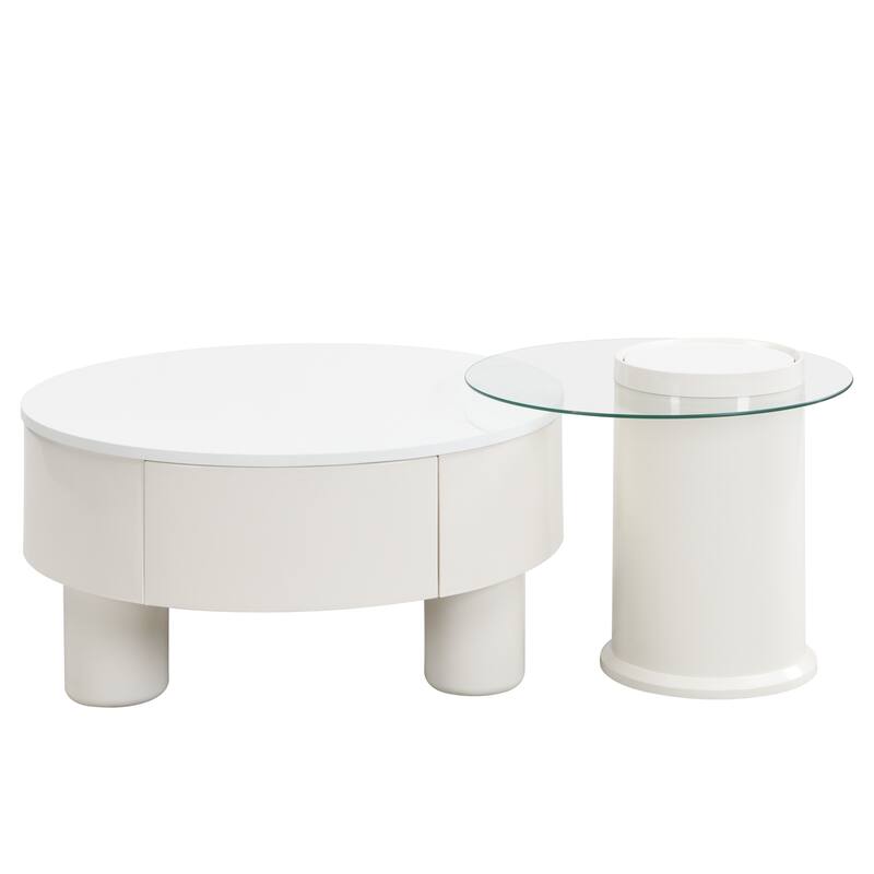 Nesting Coffee Table Set of 2, Round Coffee Table with Drawer, Circular Wood Center Table Set