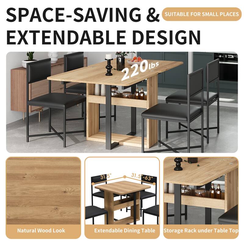 Modern 5-Piece Extendable Dining Table Set, 63" Kitchen Foldable Wooden Table with Lower Storage Shelf and 4 PU Leather Chairs