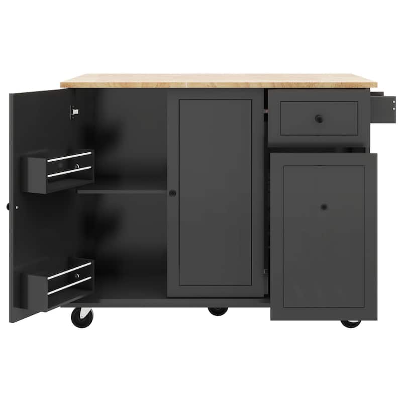 53.9" Kitchen Island with Drop Leaf & Internal Storage Rack, Mobile Large Kitchen Cart with 3 Tier Pull Out Cabinet Organizer