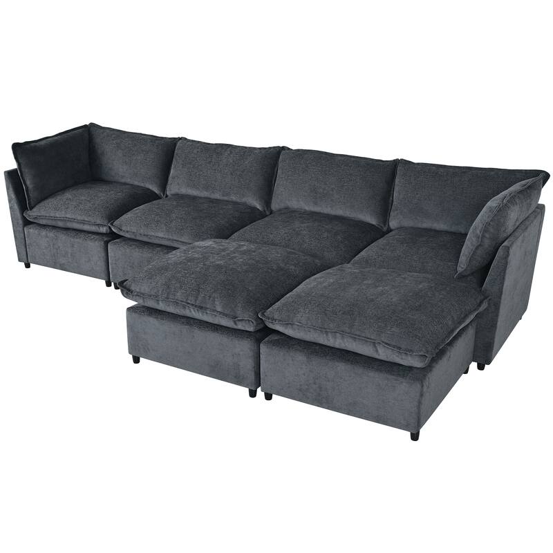 U-Shape Sectional Sofa Upholstered Couch with Removable Cushions and Solid Wood Frame, Modular Sofa 2 with Movable Ottoman
