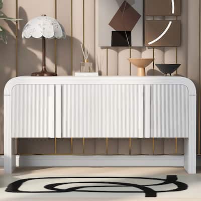 Arched Storage Cabinet Sideboard with 4 Stripes Doors and Adjustable Shelves, Modern Entryway Cabinets with Pine Leg