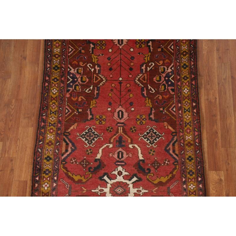 Hand Knotted Oriental 100% Wool Carpet Traditional Geometric Red Heriz Runner Rug - 10' 8'' X 3' 2''