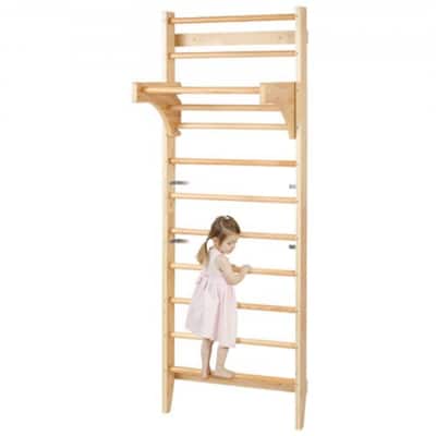 Beige Pine Wood Swedish Wall Ladder Indoor Playground Gym for Kids and Adults with 10 Level Climbing Bars 220 lbs Capacity