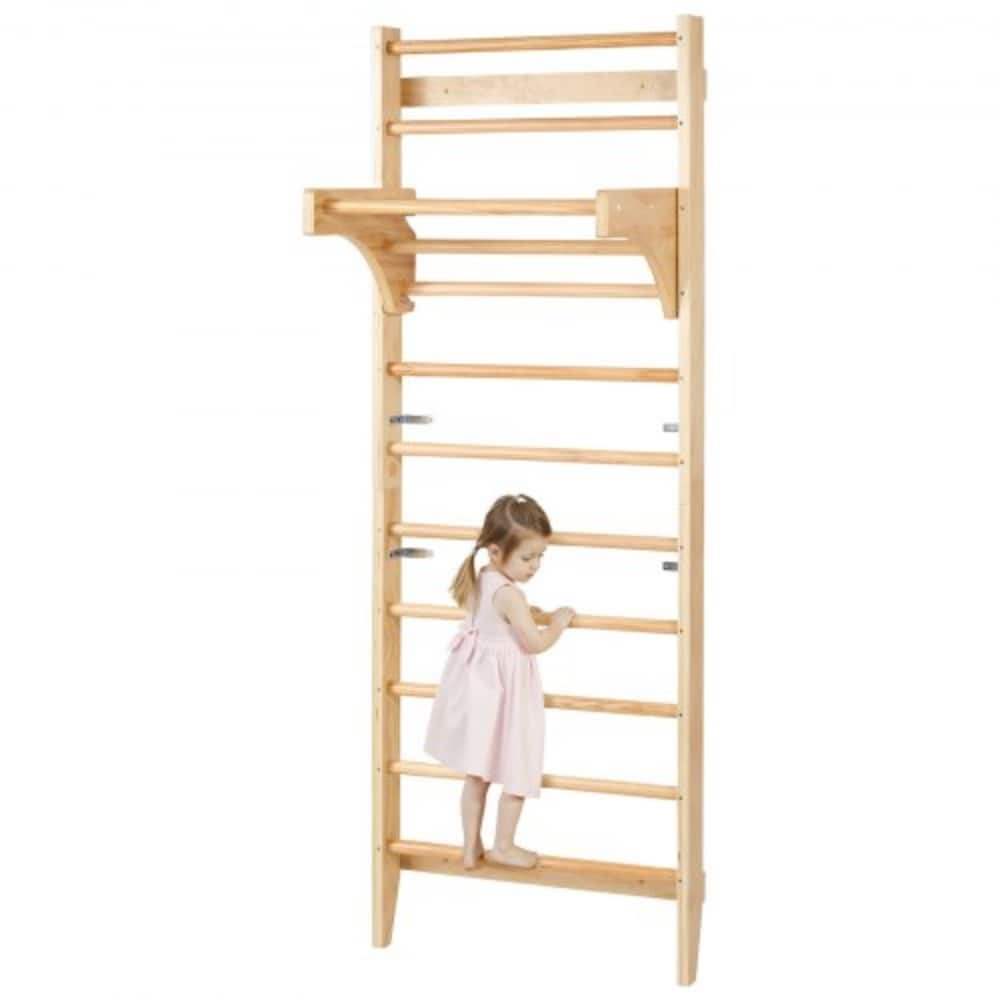 Beige Pine Wood Swedish Wall Ladder Indoor Playground Gym for Kids and Adults with 10 Level Climbing Bars 220 lbs Capacity