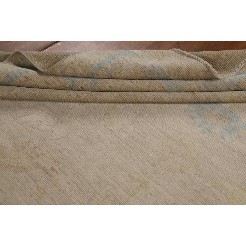 Vegetable Dye Oushak Turkish Large Rug Hand-Knotted Beige Wool Carpet - 10'0"x 14'7"