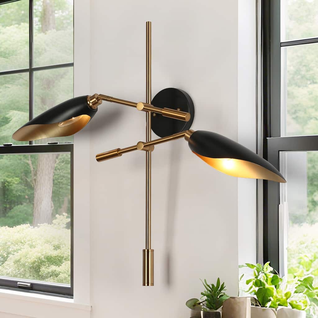 2-Light Modern Black Gold Large Wall Sconces Metal Bathroom Vanity Lights - 30.5" L x 6.5" W x 23.5" H