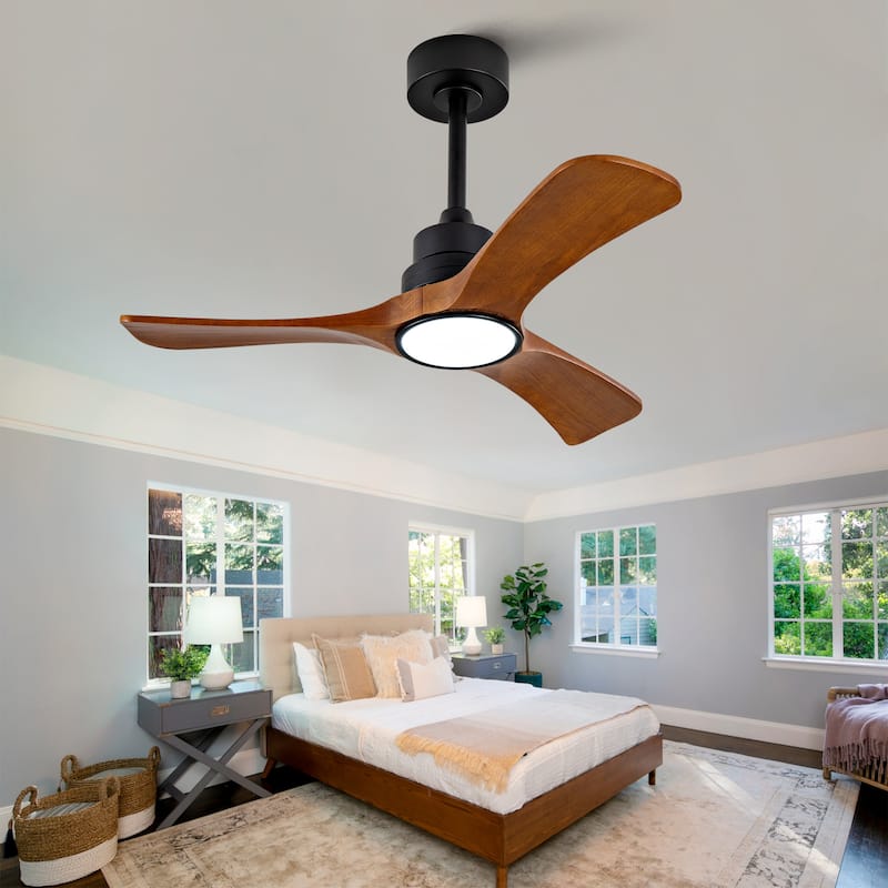 36-Inch Ceiling Fan Light with 6-Speed Remote Control, Black Three-Blade, Reversible Wooden Fan Blades, DC Motor - Black