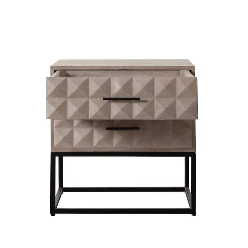 Zoe End Table Nightstand, Ash Gray Carved Fronts, Black Metal Base