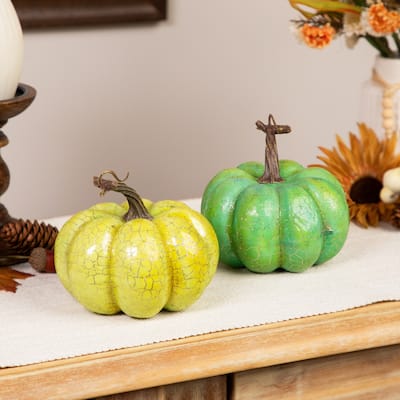 2 Green Gold Crackle Fall Harvest Tabletop Thanksgiving Pumpkins, 5"