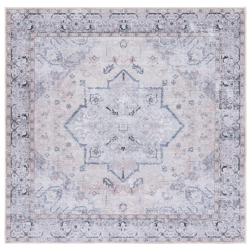SAFAVIEH Tucson Machine Washable Slip Resistant Sina Traditional Rug - 6' Square - Beige/Grey