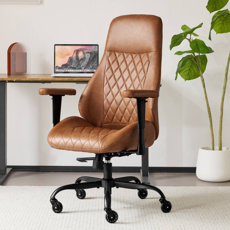 High Back Rubber Chair Ergonomic Chair with Lumbar Support Adjustable Height Rolling Swivel Chair Executive Task Armrests - Brown