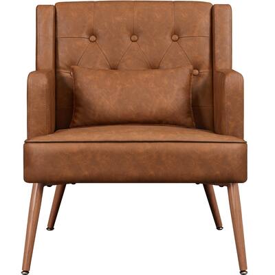 Yaheetech Button-Tufted Faux Leather Accent Chair with Lumbar Pillow, Retro Brown - 25.5"×28.5"×31.5"