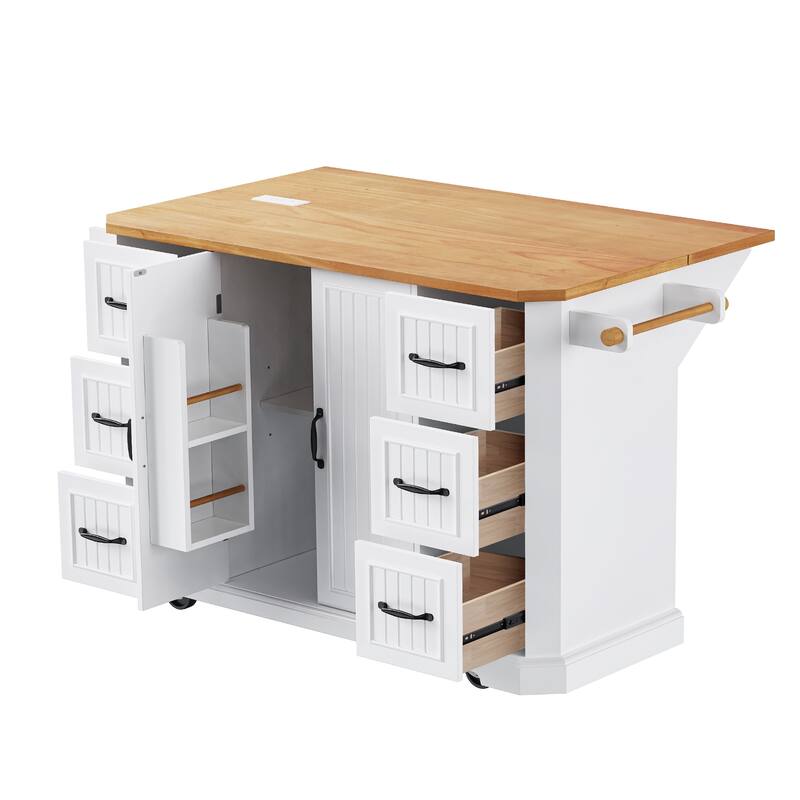 Farmhouse Kitchen Island with 6 Drawers, 4 Interior Storage Shelves, Electrical Outlets, Spice and Towel Racks, for Kitchen