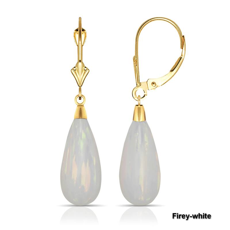 Curata 14K Yellow Gold Tear-drop Created Opal Dangle Leverback Earrings - White