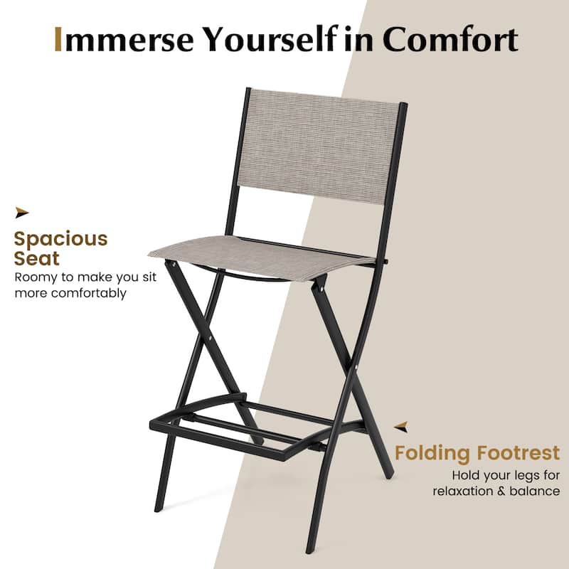 28 Inch Set of 2 Folding Bar Stools with Metal Frame and Footrest for Patio Balcony or Garden Use - 18" x 22.5" x 40"