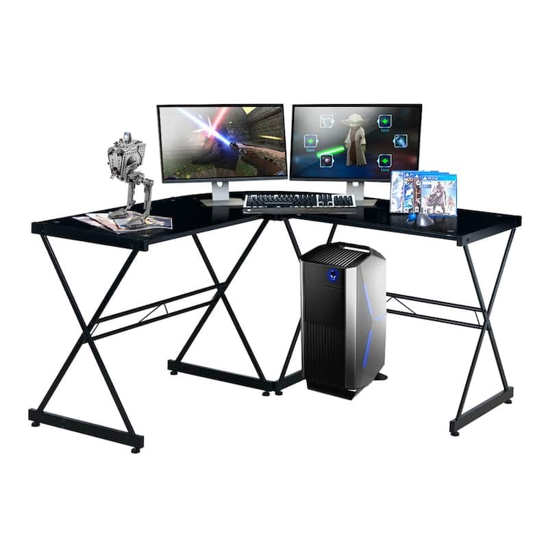 L Shaped Computer Desk, Home Office Corner Desk Toughened Glass Writing