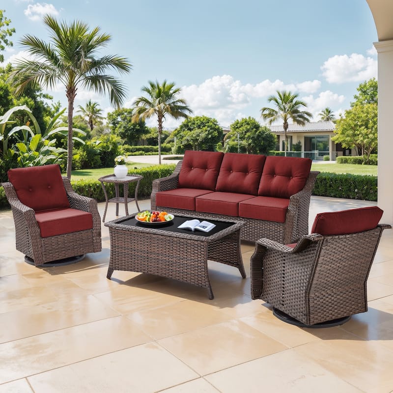 Gymojoy Wicker Patio Furniture Sofa Set, 6-Inch Ultra Thick Cushioned 360°Swivel Glider Chairs & Sofa Set