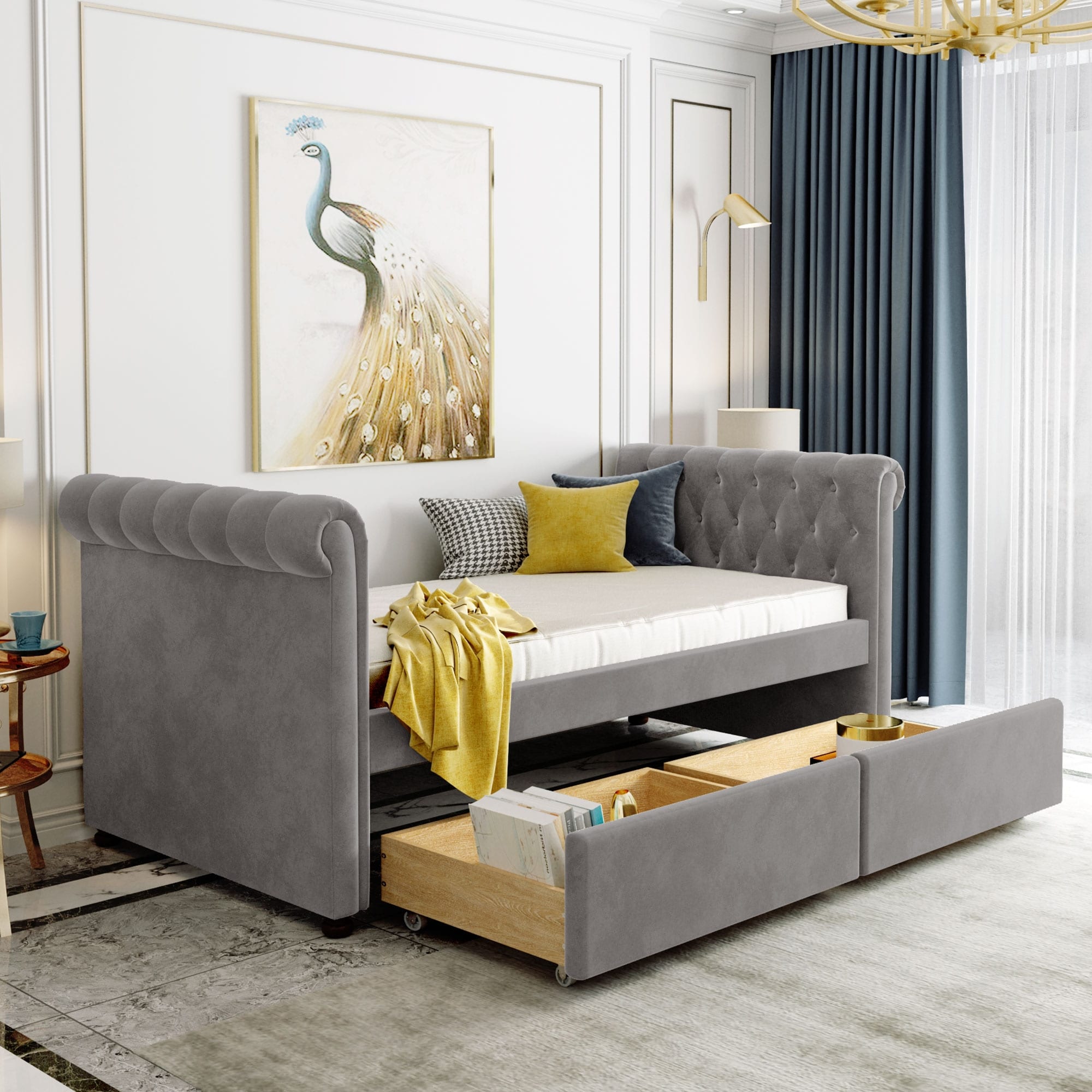 Maximized Space Sofa Bed, Upholstered daybed with Drawers, Wood Slat Support, Twin Size