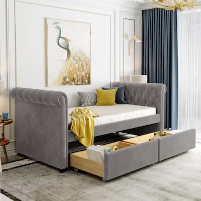 Twin Size Upholstered daybed with Drawers, Wood Slat Support, Gray
