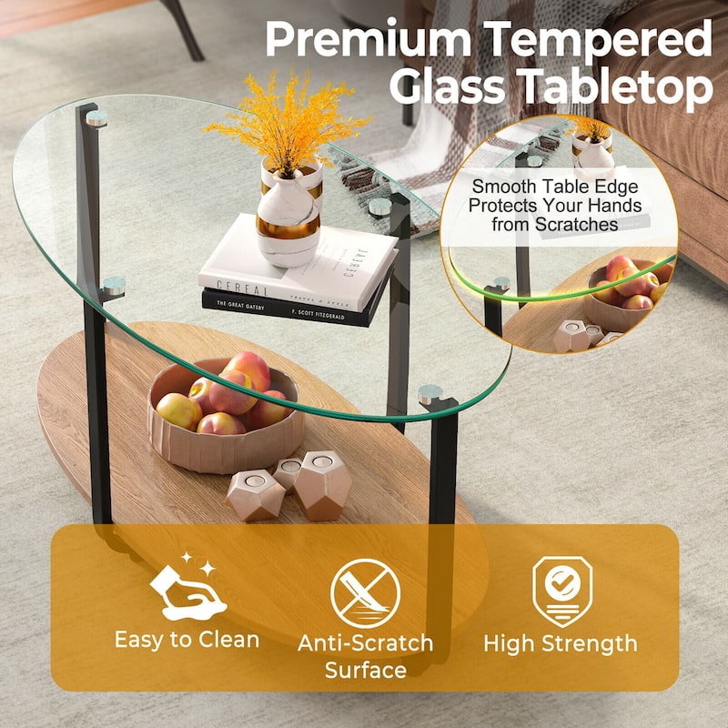 Gymax Glass-Top Coffee Table 2-Tier Modern Oval Side Sofa Table w/