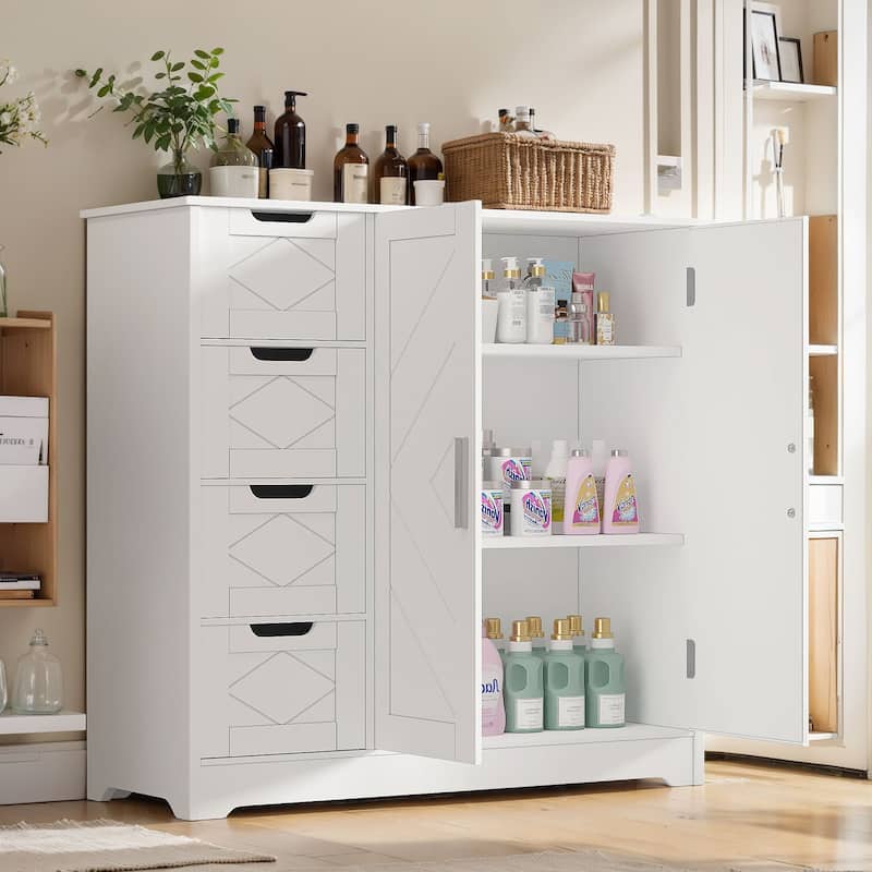 VECELO Wooden Bathroom Floor Cabinet, Side Storage Organizer Cabinet with 4 Drawers, Freestanding Entryway Storage Unit - White