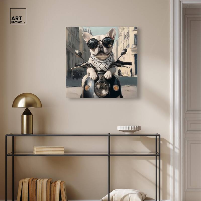 Frenchie on a Scooter Drive Canvas by Art Remedy, Gallery Wrapped