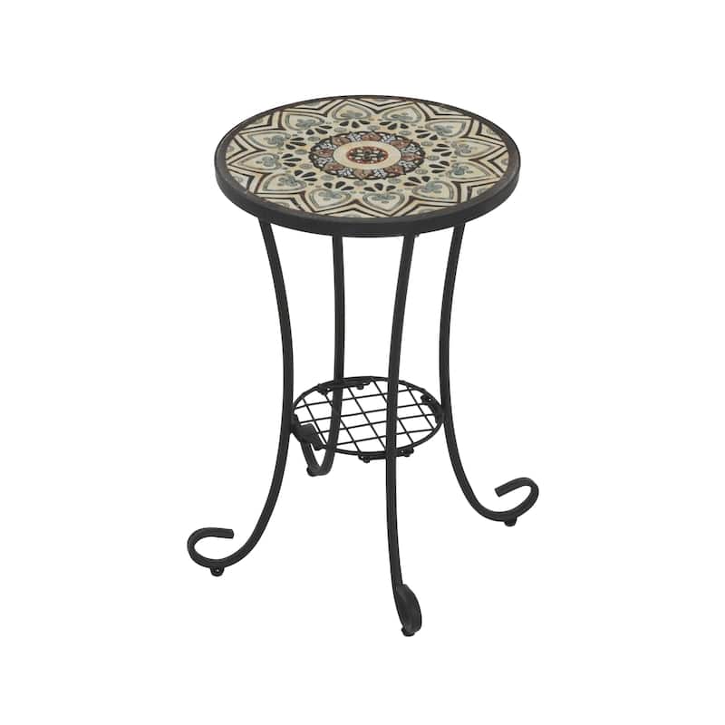 Roomfitters Outdoor Patio Side Table with Ceramic Tile Top and Lower Shelf, Floral