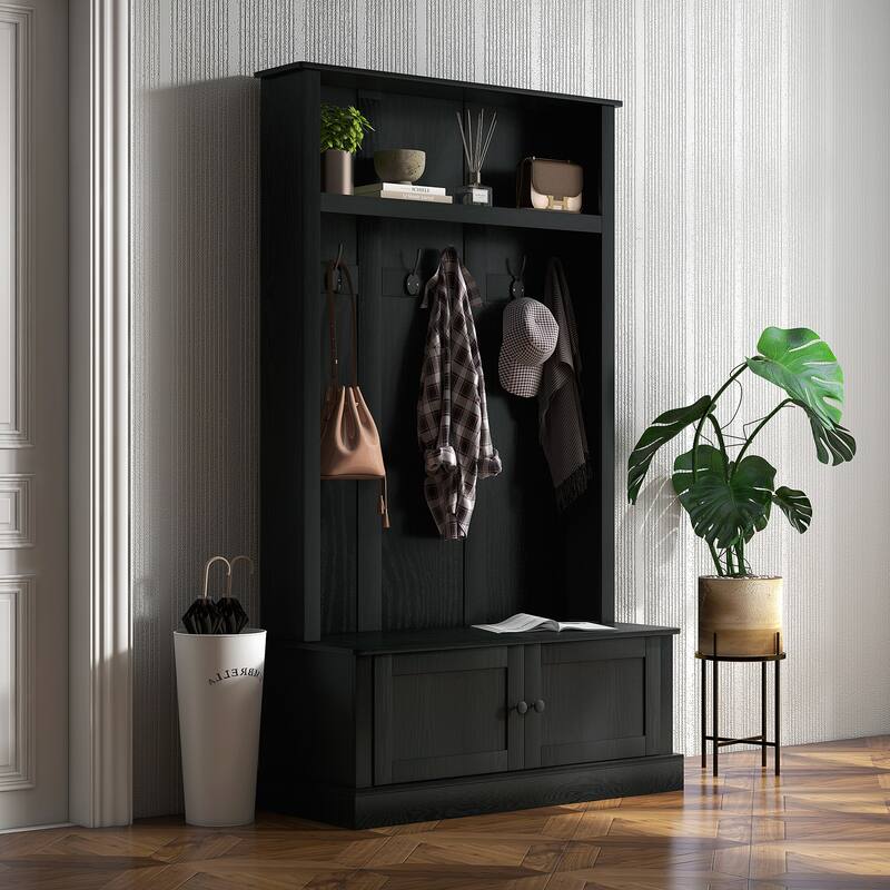 HOMCOM Freestanding Hall Tree, Entryway Bench with Coat Rack, Shoe Cabinet and Top Shelf - Black