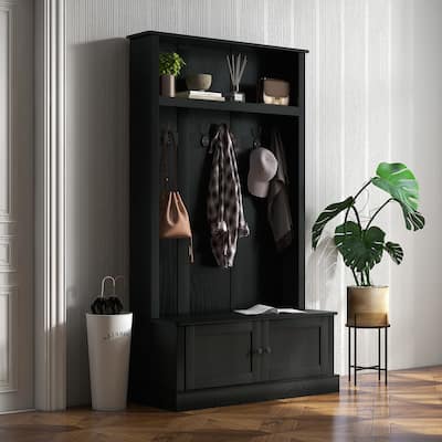 HOMCOM Freestanding Hall Tree, Entryway Bench with Coat Rack, Shoe Cabinet and Top Shelf