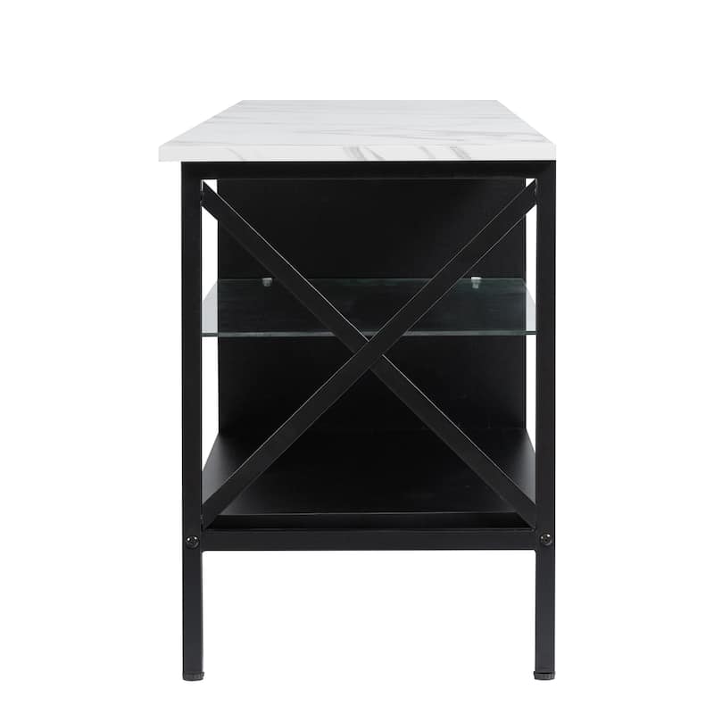 Modern TV stand,Iron TV cabinet Black/White with LED Lights, Remote Control,Toughened Glass Stand