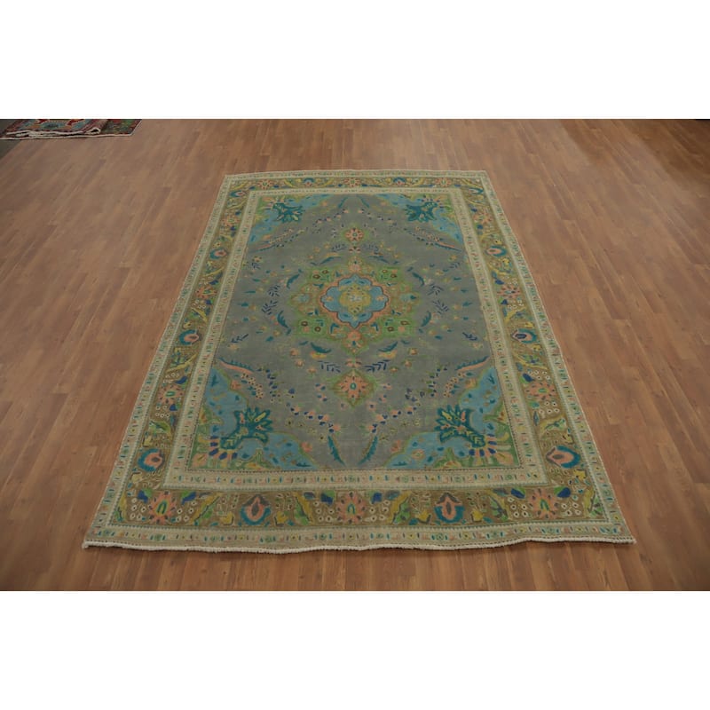 Hand Knotted Oriental 100% Wool Carpet Traditional Floral Greys & Charcoal Tabriz Area Rug - 9' 7'' X 6' 8''