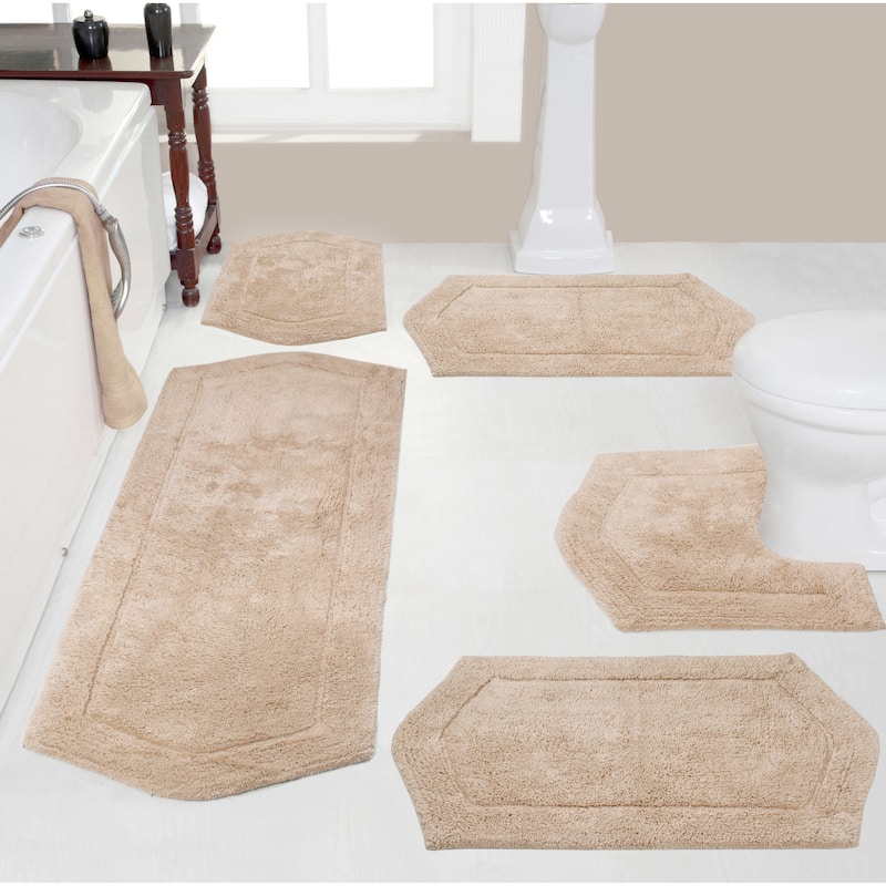 Waterford Collection 100% Cotton Non-Slip Bathroom Rug Set, Machine Washable Bath Rug, 5 Piece Bath Mat Set with Contour - Linen