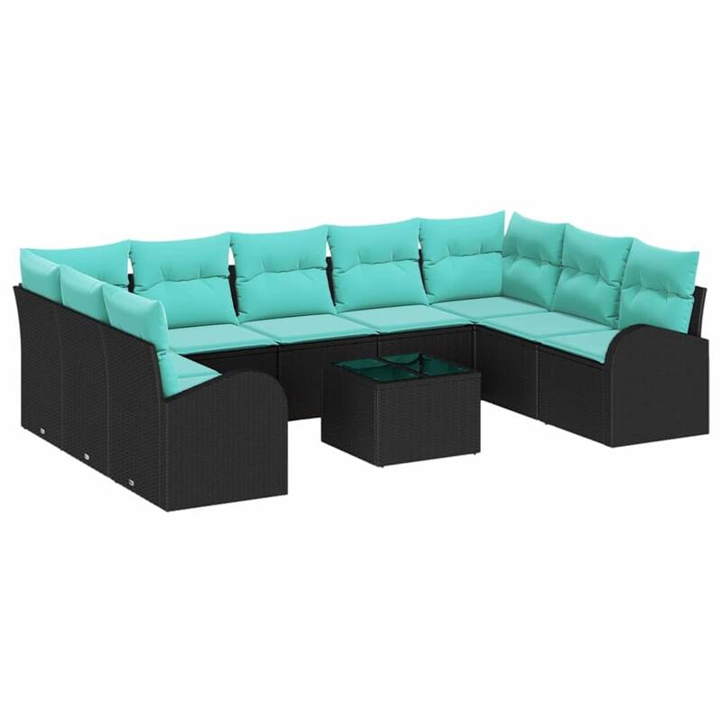 vidaXL 10 Garden Sofa Set with Cushions Black Poly Rattan - 113.8 x 70.5 x 27.2