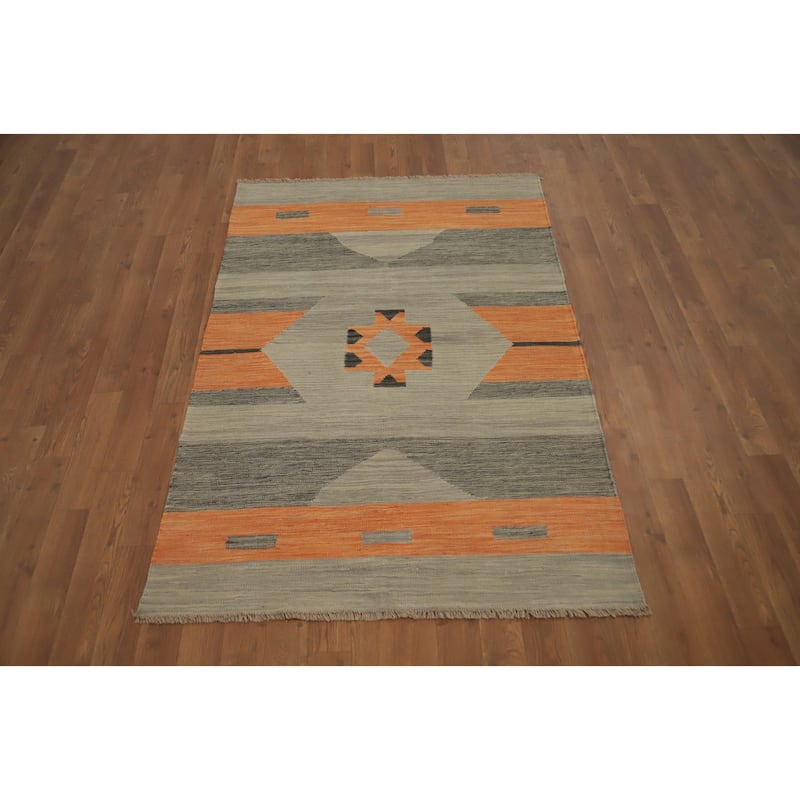 Hand Woven Oriental 100% Wool Carpet Southwestern Modern Greys & Charcoal Kilim Area Rug - 5' 0'' X 3' 3''