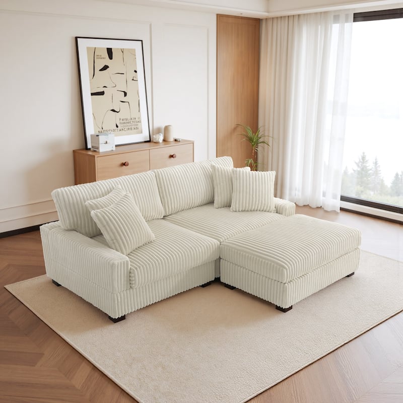 Modular Armchair and Ottoman Set with Adjustable Headrest, Flannel Upholstery