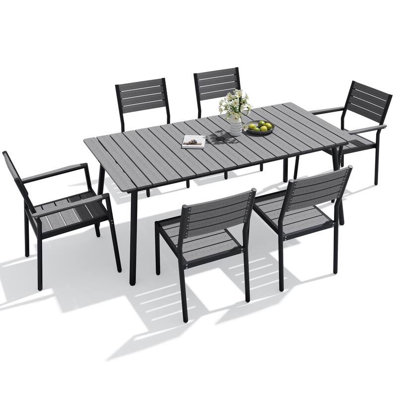 7-Piece Outdoor Patio Dining Set Wood-Like Table Top Alumium Umbrella Hole Table with Stackable Chairs