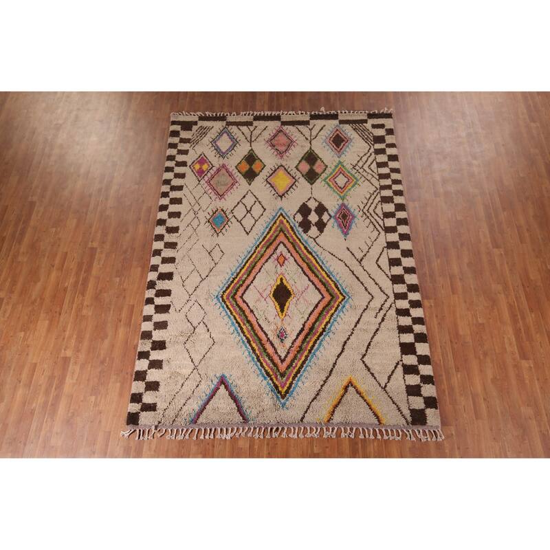 Hand Knotted Oriental 100% Wool Carpet Modern Tribal Beige & Ivories Moroccan Area Rug - 10' 3'' X 7' 6''