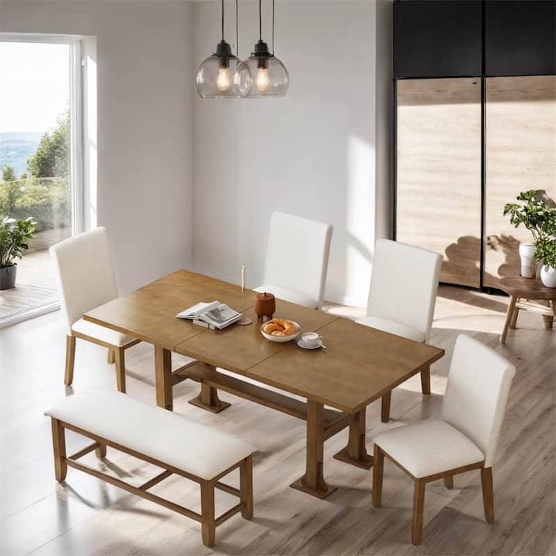 6-Piece Extendable Dining Table Set with Upholstered Chair and Bench