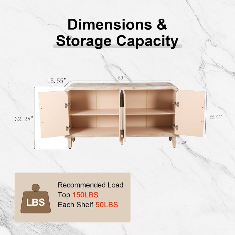 Roomfitters 59" Farmhouse Curved Sideboard, Vintage 4-Door Buffet with Vertical Carving & Large Wood Handles