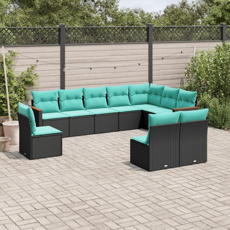 vidaXL 11 Piece Patio Sofa Set with Cushions Black Poly Rattan - 132.9x27.2x67.8-without table