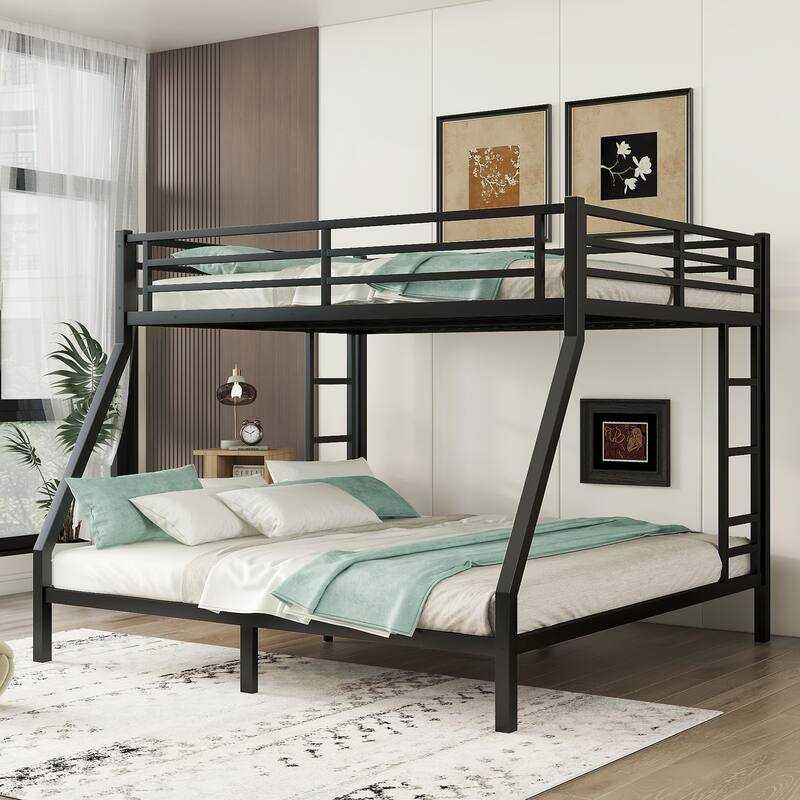 Queen Over King Metal Bunk Bed with Dual Ladders, Underbed Storage, and Noise-Free Design, Heavy-Duty Frame - Black