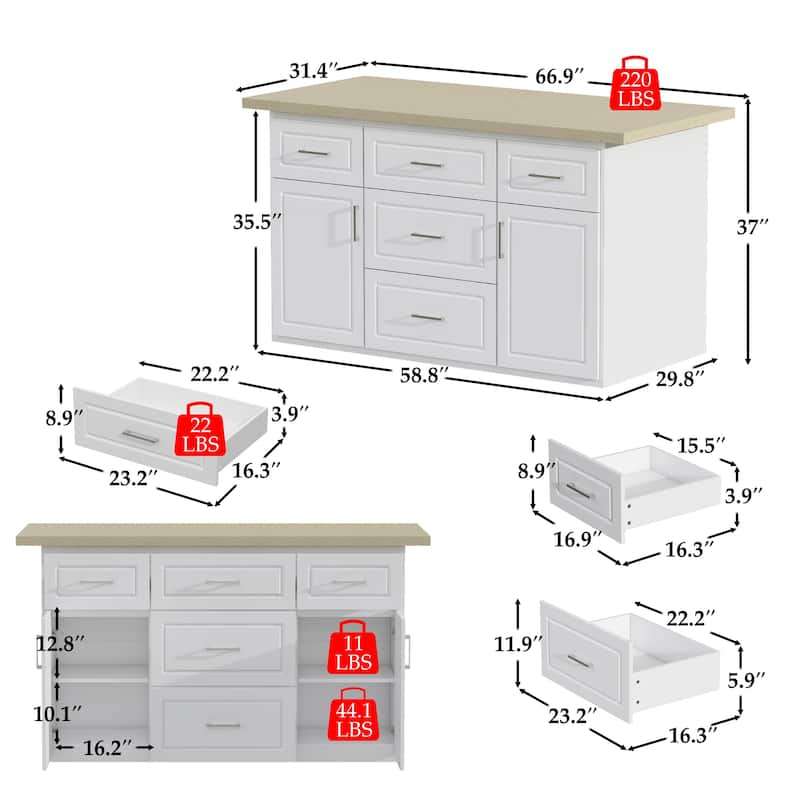 Kitchen Island with Drawers Cabinets High Gloss Stone-Like Countertop Wardrobe Storage Cabinet - 66.9"W